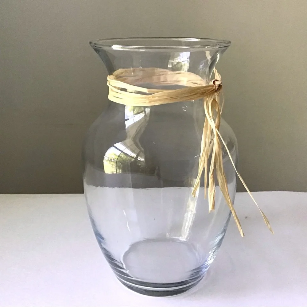 Clear Glass Vase with Natural Raffia Accent 7-3/4” Farmhouse Coastal Minimalist